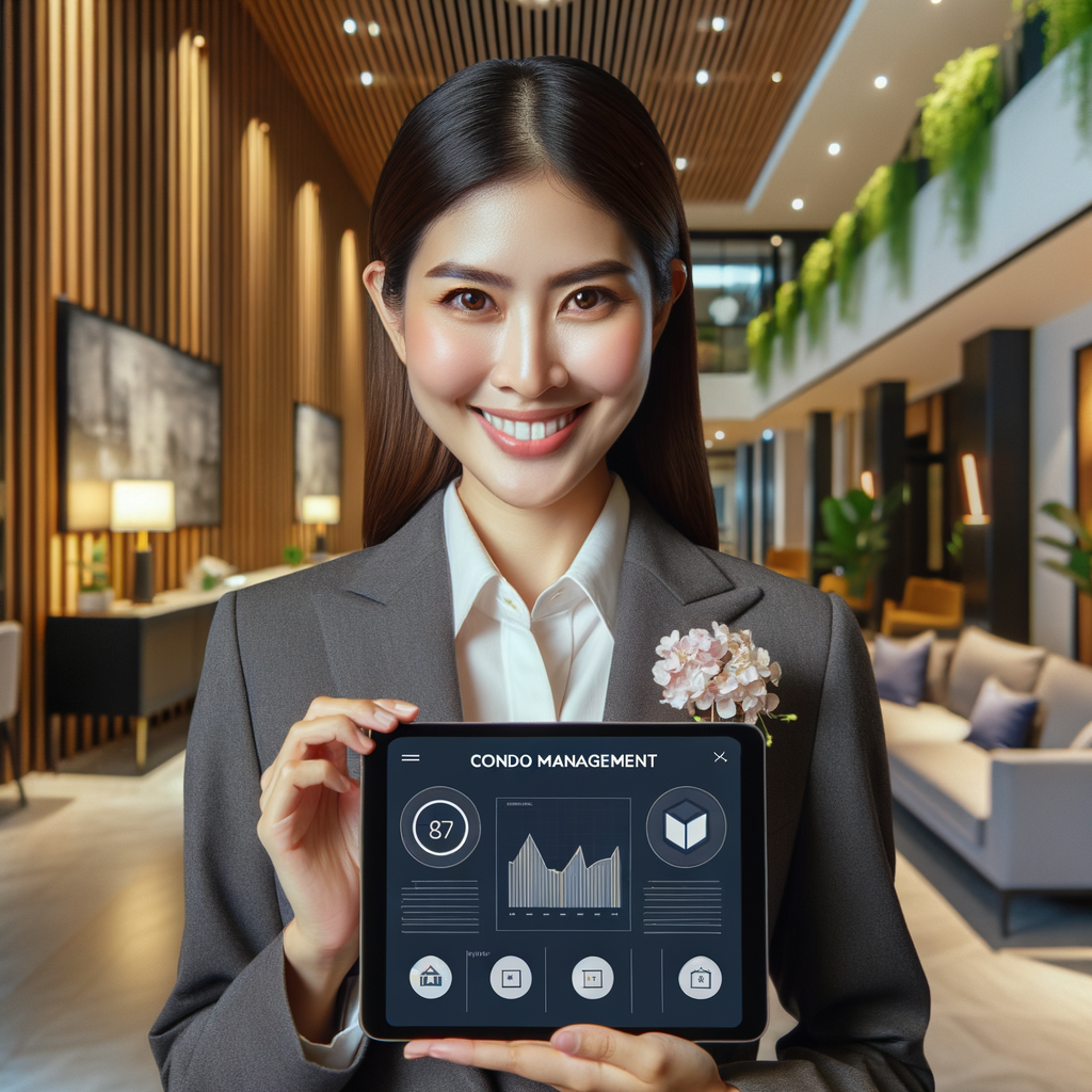 Generate a photo of a smiling Asian condo manager, who is a woman, looking directly at the camera, against the backdrop of a well-lit, modern environment. In her hands, she is holding a tablet displaying an explicit condo management dashboard. In the background, you can witness an elegant condominium lobby dressed up with plants and trendy decor. The underlying message of the image is competence, warmth, and an adeptness in technology.