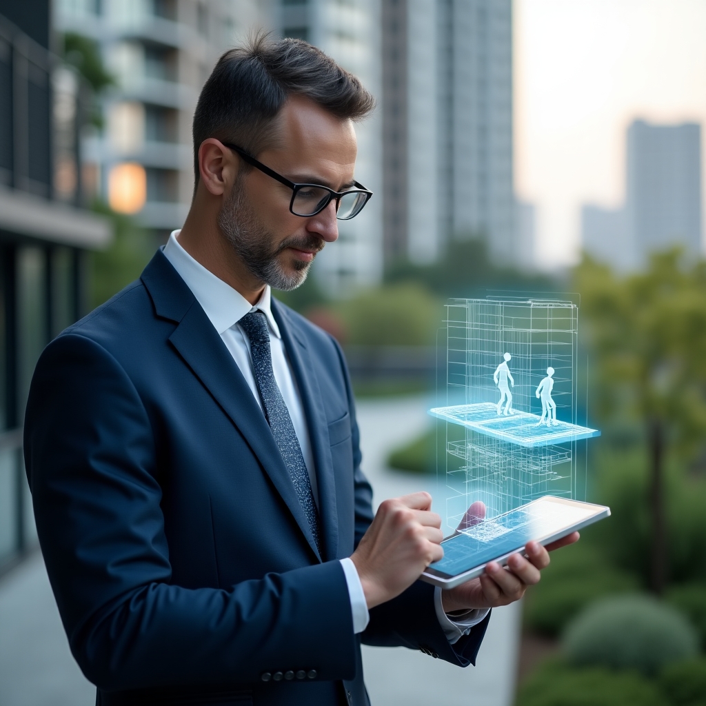 Ultra-realistic condominium manager in a navy blue suit, set in a modern luxury condominium environment with high-rise buildings and green landscaping, examining a holographic blueprint of accessible ramps and tactile paving on a transparent tablet, conveying confidence and inclusivity, cinematic lighting, shallow depth of field, highly detailed textures, realistic skin, photographic realism, 8k resolution --ar 1:1 --v 6