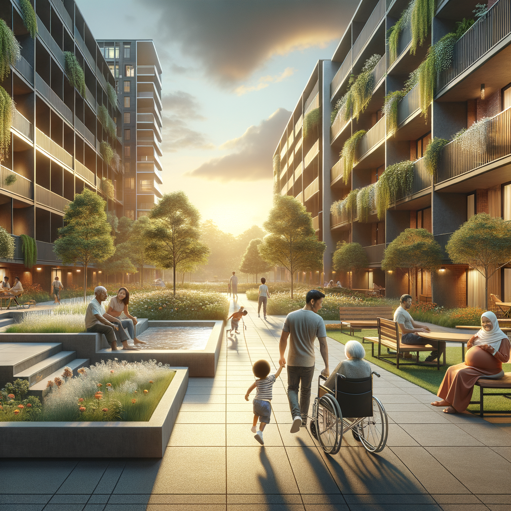 A photo-realistic scene capturing a contemporary condominium courtyard bathed in the soft glow of the golden hour. Central to the scene is a smoothly sloped accessibility ramp embraced by lush green vegetation and comfortable seating options. The courtyard is lively with a blend of residents demonstrating an inclusive community: a Caucasian adult in a wheelchair, a Hispanic elderly person navigating with a walker, a Black young child engaged in playful activity, and a Middle-Eastern pregnant woman. They interact fondly and move unrestricted along the ramp and garden paths, under the delicate sunlight that emphasises a warm, inviting ambiance.