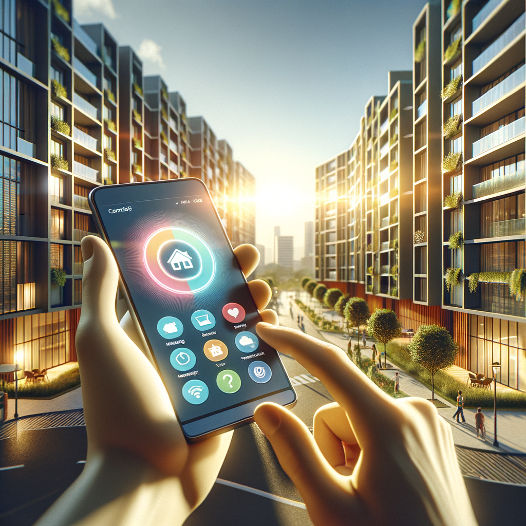 Generate a picture with high-resolution and photorealistic depiction that is in a 16:9 size ratio. Illustrate a contemporary condo complex bathed in the warmth of daylight. The scene takes place in the foreground where a hand, irrespective of race or gender, is clutching a smartphone. The smartphone is slightly angled and displays a vibrant dashboard of a condo-management application with clear icons for messaging, amenities booking, financial reports, and virtual voting. Reflect a soft refraction on the glass surfaces and incorporate a slight lens flare on the building's façade. In the far distance, show a few residents of varying genders and descents using the community-shared spaces. The image should evoke a feeling of efficiency and technology-driven community living.