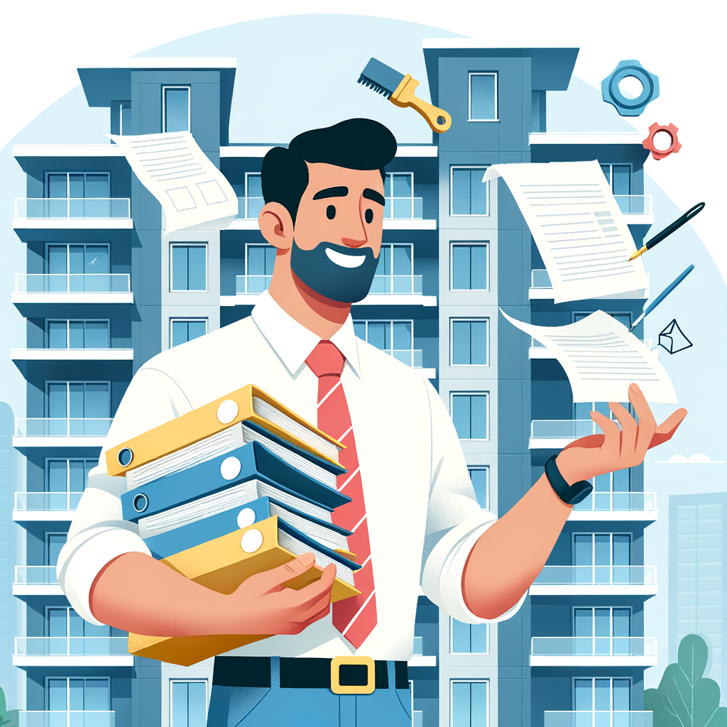 A building manager of Hispanic descent, carefully managing numerous documents and management tools. He appears in front of a modern condominium. The illustration is in a minimalist vector style with vibrant colors, emphasizing efficiency and organization. Despite the difficulty of balancing all his tasks, he maintains a cheerful and composed demeanor, reflecting his dedication and skills in property management.