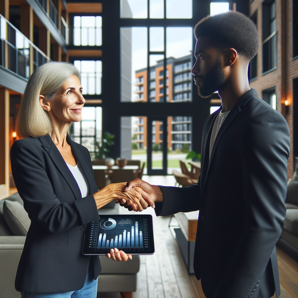 An image showcasing a middle-aged Hispanic woman, working as a condominium manager, extending her hand for a mutual shake with a young Black male building administrator. They are having their interaction in the foreground of a sophisticated, modern apartment complex. In the backdrop, subtly stealing focus, is a tablet propped up, brightly lit, and its screen is exhibiting a comprehensive financial management chart. The scene radiates an aura of greatly impeccable professionalism and cordiality under the clarity of bright lighting.