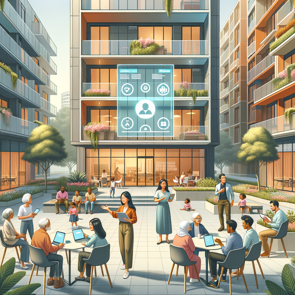 A vector illustration depicting a modern, warm, and welcoming condominium courtyard. The courtyard is filled with residents from all walks of life: Black young professionals, Caucasian families with children, South Asian seniors, and Hispanic individuals, all engaging in a town hall meeting. Some residents are using smartphones and tablets with a sleek property management app interface on display. The property manager, a Middle-Eastern woman, is seen gesturing towards a large digital noticeboard while holding a tablet. The environment is marked by lush green foliage, cutting-edge architectural design, and soft pastel colors, illustrating an atmosphere of tech-driven community spirit.