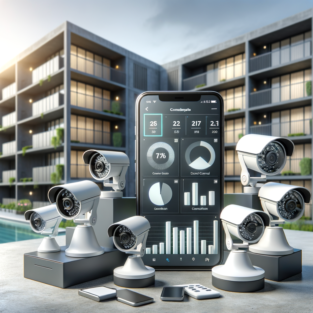 A photograph showcasing contemporary, sleek security cameras integrated with mobile phone applications proudly displaying a range of financial control graphs. These devices collectively symbolize efficient management of a condominium. The overall scene is bathed in bright, well-distributed light, emphasized by its visually appealing presentation.