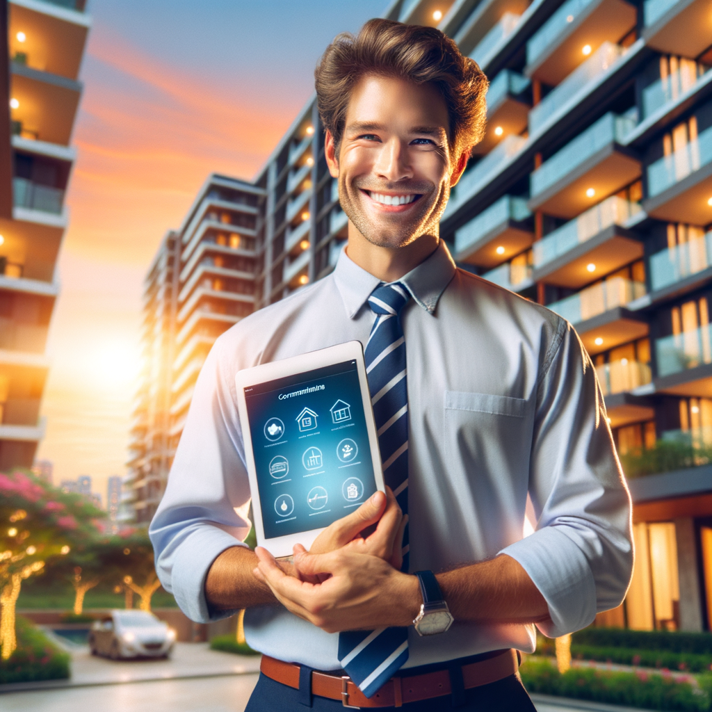 An image of a cheerful Caucasian male building manager in front of a pristine-looking condominium, clutching a tablet that displays an app for condominium management. The man radiates a vibe of efficiency, organization, and a sense of community. The atmosphere is bathed in vibrant and inviting lighting, making the scene warm and welcoming.