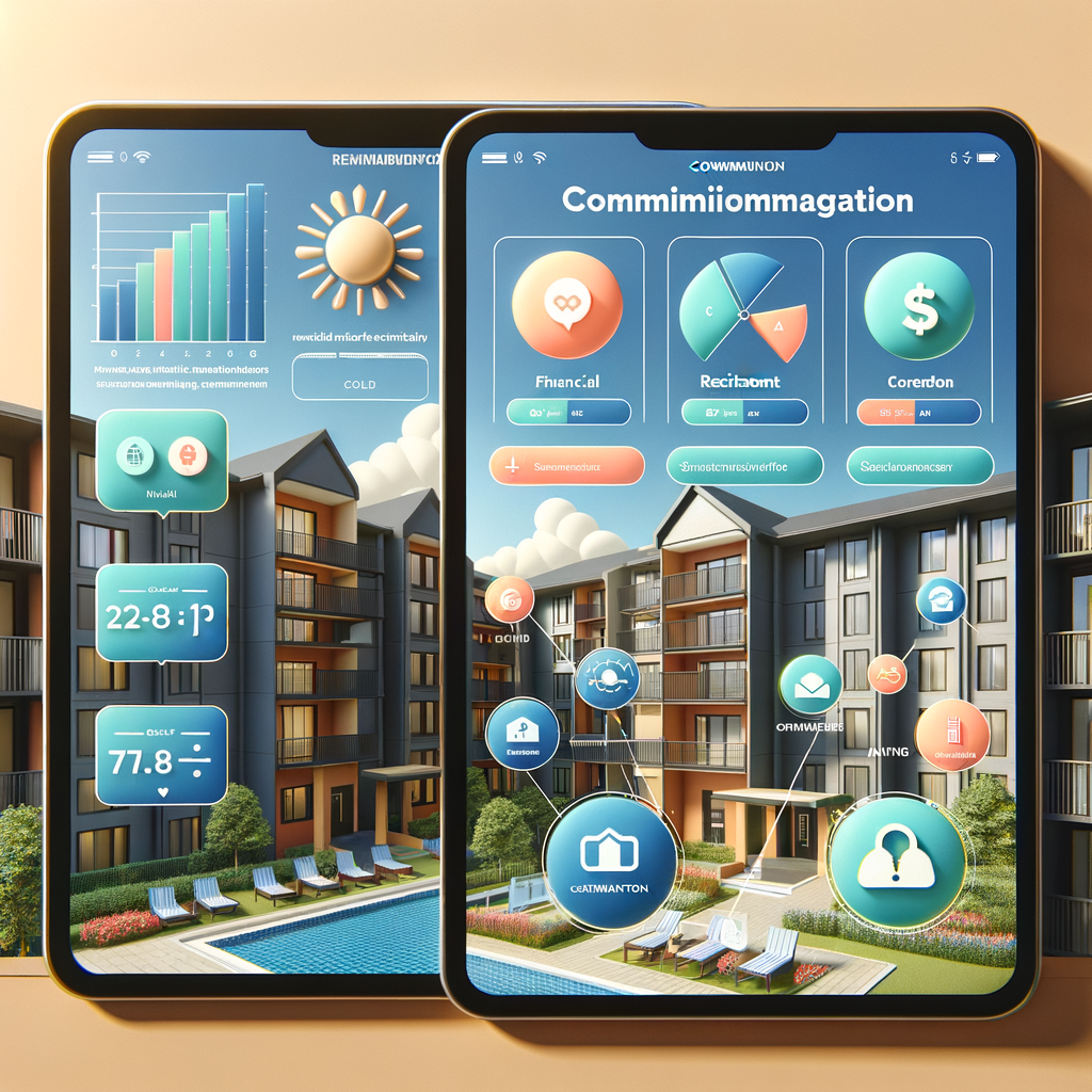 Generate an image of a colorful and modern condominium management application interface displayed on a tablet, showing main features like financial graphs, resident communication chat, and a reservation calendar for shared facilities. The backdrop should comprise of a sunny, well-kept condominium compound, embodying a community vibe and peaceful ambience. The general design should be sleek, professional, and welcoming, stressing on the app's proficiency to simplify communication and enrich the living experience within the condominium. Special attention should be given to depict the synchronization and order promoted by the application.