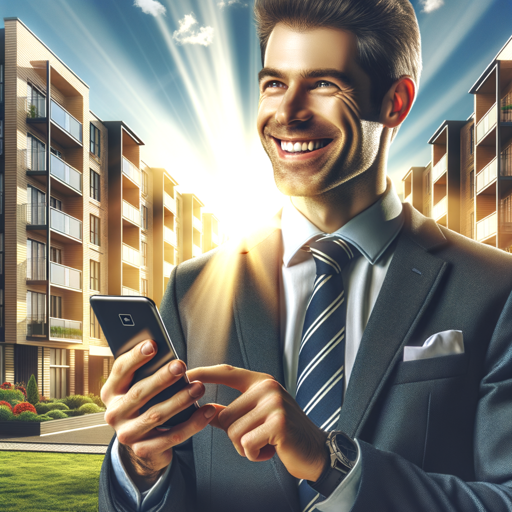 A modern, Caucasian building manager, basking in confidence and flashing a hearty smile, is using a property management application on his smartphone. Behind him lies a well-maintained, vibrant condominium bathed in the sunlight of a clear day, a symbol of proficient and harmonious property management. The scene, radiating with an air of professionalism, technological progress, and well-being, is to be illustrated in a realistic style with natural lighting.