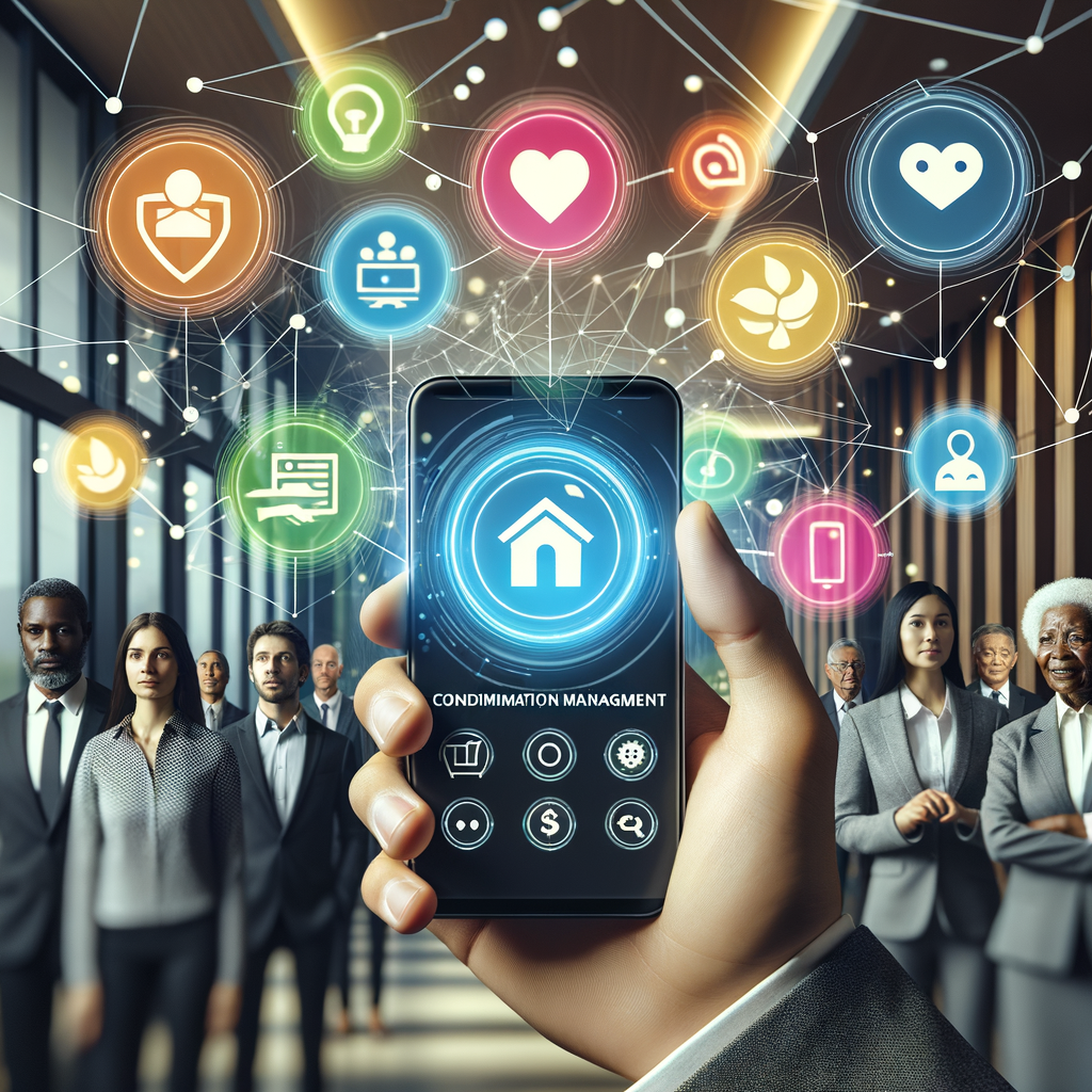 Create a digital illustration of a modern Caucasian hand in the foreground, holding a sleek smartphone. The screen of the phone displays an intuitive condominium management app UI, featuring colorful flat icons for communication, finances, security, and facility reservations, all arranged in a neat grid. In the subtly blurred background, visualize a modern condominium lobby with a diverse group of residents including a Black female, a Caucasian man, a South Asian male, and Hispanic elderly woman, and a Middle-Eastern young female concierge to represent community life. The overall style of the image should be bright, minimalist, and professional. Integrate subtle tech details, such as glowing lines and abstract data nodes, to portray digital efficiency and transparency.