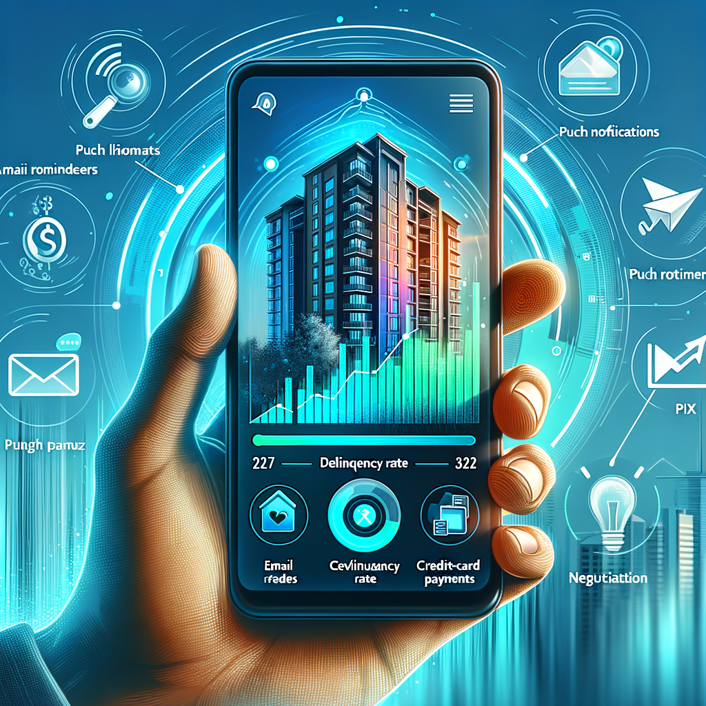 Create a sleek, modern illustration of a smartphone held in a Hispanic male hand, displaying a condominium-management app with a vibrant dashboard: a descending bar chart labeled 'Delinquency Rate,' icons for email reminders, push notifications, PIX and credit-card payments, and a negotiation wizard. In the blurred background, a stylized high-rise condo building and abstract financial graphs emphasize transparency and progress. Use bright blues and greens for a professional, user-friendly appearance, with clean lines, subtle shadows, and the minimalist, high-detail vector style in the illustration.