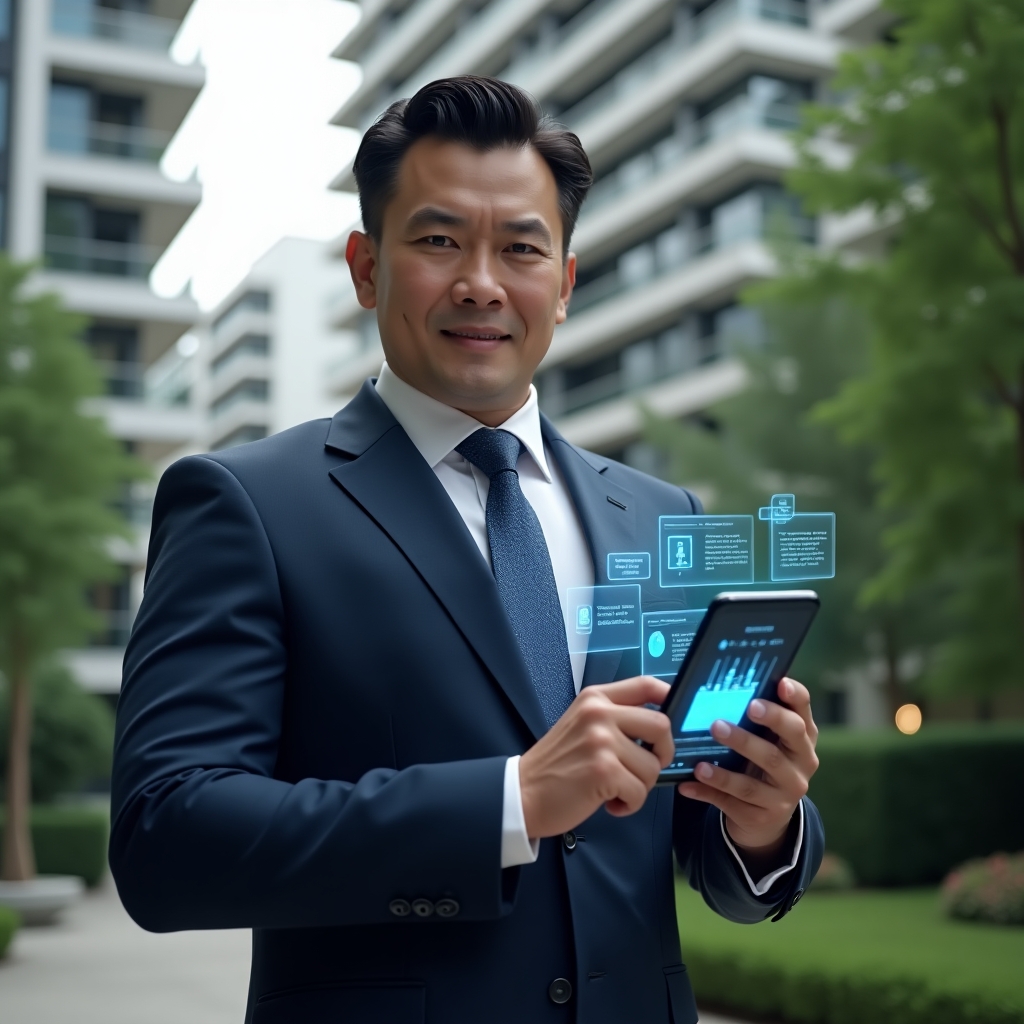 (Ultra-realistic condominium manager in a navy-blue executive suit, set in a modern luxury condominium environment with high-rise buildings and lush green landscaping, holding a smartphone displaying a holographic interface of access control, financial charts and chat icons, confident and focused expression, cinematic lighting, shallow depth of field, highly detailed textures, realistic skin, photographic realism, 8k resolution --ar 1:1 --v 6)