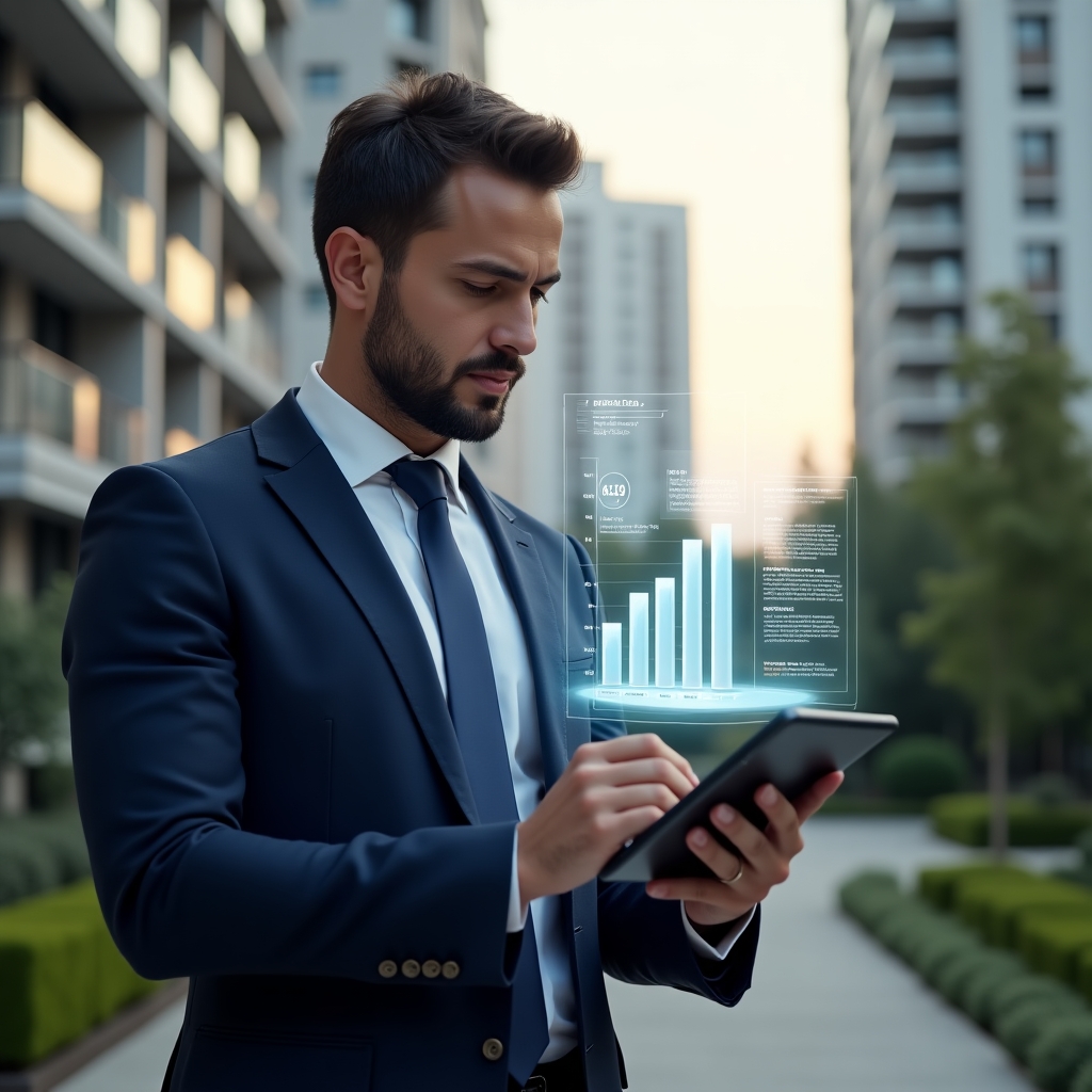 Ultra-realistic condominium manager in a tailored navy blue suit, set in a modern luxury condominium environment with high-rise buildings and manicured green landscaping, confidently examining a tablet displaying floating holographic app icons and comparative bar charts of features, cinematic lighting, shallow depth of field, highly detailed textures, realistic skin, photographic realism, 8k resolution --ar 1:1 --v 6