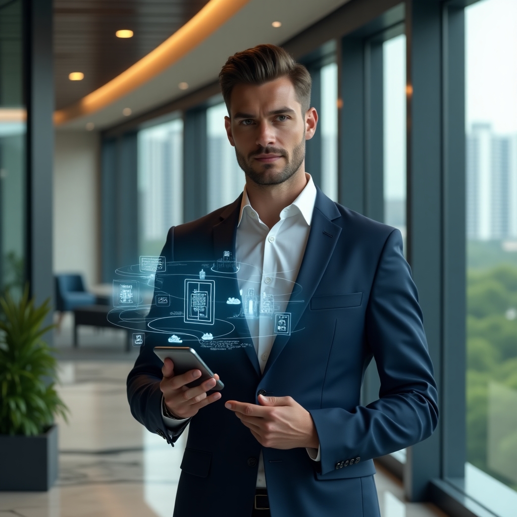 Ultra-realistic condominium manager in a navy blue tailored suit, set in a modern luxury condominium lobby with high-rise buildings and manicured green landscaping visible through floor-to-ceiling windows, holding a smartphone displaying a sleek security and management app interface, surrounded by floating holographic icons of access control gates, financial charts and alert notifications, confident and focused expression, cinematic lighting, shallow depth of field, highly detailed textures, realistic skin, photographic realism, 8k resolution --ar 1:1 --v 6