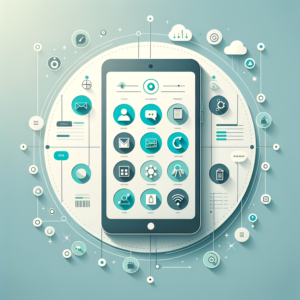 Create a minimalist and modern image that conveys ease and organization through an apartment management app design. Employ a light, inviting color palette utilizing shades of blue, green, and white to evoke trust and tranquility. At the center, devise a graphic of a smartphone or tablet, displaying a clean, intuitive app interface with specific icons representing crucial features such as communication, finance, reservations, and others. Surround the device with subtle graphical elements like connected lines, simple charts, and tiny people icons to symbolize connectivity, efficiency, and community fostered by the app. Ensure the visual style is clean, professional, and creatively crafted to hold the viewer's attention. The image should express the idea that apartment management can be simple, organized, and accessible to everyone, thanks to technology.