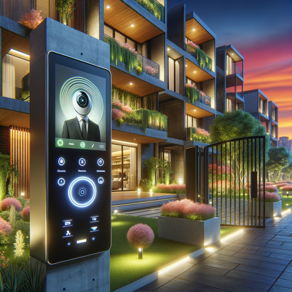 A modern and automated condominium complex at dusk. The intelligent lighting system, controlled by sensors, casts warm tones over the scene, creating a welcoming environment. A discreet high-resolution camera security system monitors the entrance, where an electronic doorman performs facial recognition on a returning resident. In the garden, an automatic irrigation system maintains the lush vegetation. The vibrant colors of a clear sky add to the feeling of efficiency and security, with sleek and modern buildings in the background.