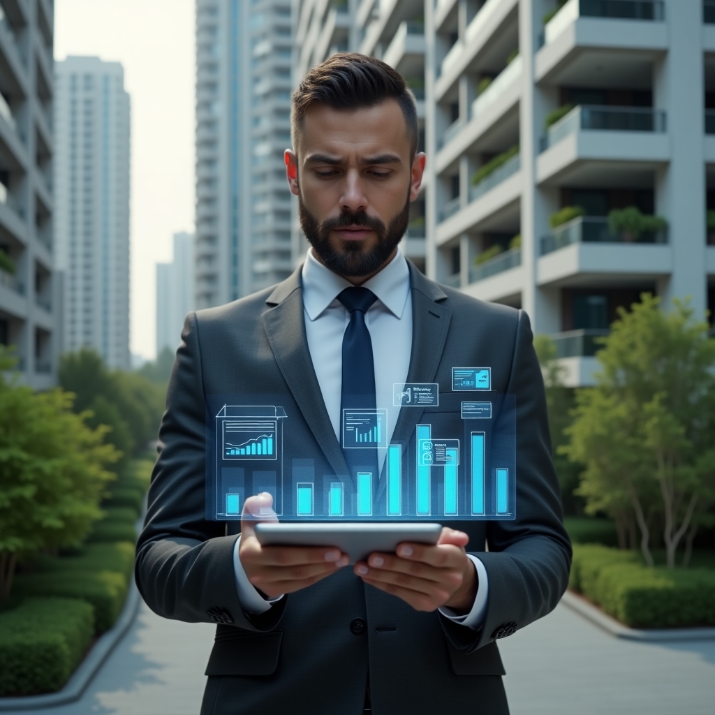 Ultra-realistic condominium manager in a tailored dark gray suit, set in a modern luxury condominium environment with high-rise buildings and lush green landscaping, mid shot focusing on the manager confidently presenting holographic financial charts and a detailed bar graph above a digital tablet, floating document icons symbolizing transparency, cinematic lighting, shallow depth of field, highly detailed textures, realistic skin, photographic realism, 8k resolution --ar 1:1 --v 6