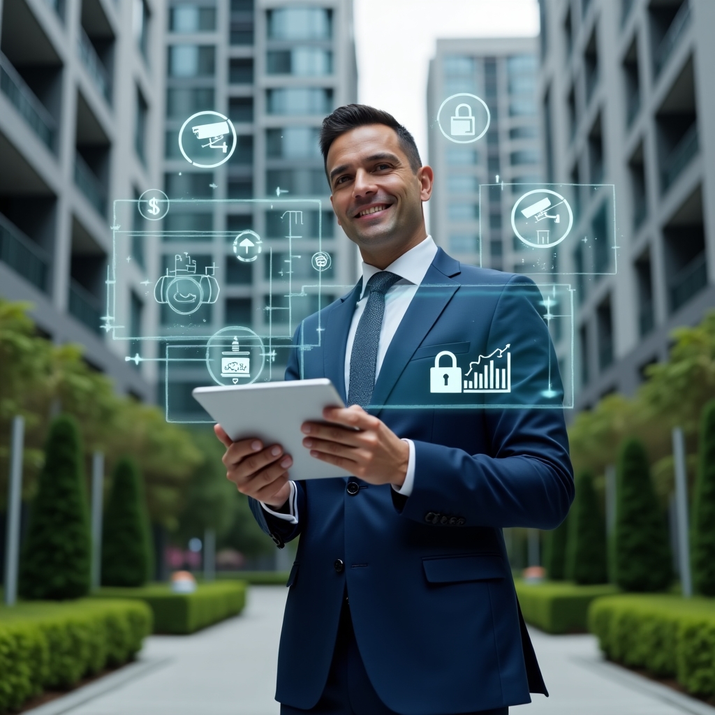 Ultra-realistic condominium manager in a sleek navy blue business suit, set in a modern luxury condominium environment with high-rise buildings and meticulously maintained green landscaping, standing mid-shot holding a tablet while interacting with a holographic interface displaying CCTV camera feeds and budget optimization graphs, surrounded by floating holographic icons of padlocks, security sensors, and financial charts, confident and analytical expression, cinematic lighting, shallow depth of field, highly detailed textures, realistic skin, photographic realism, 8k resolution --ar 1:1 --v 6