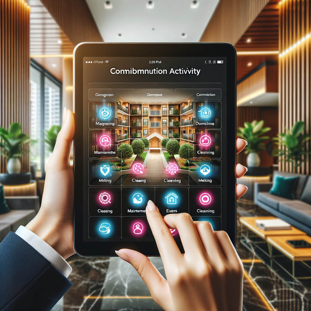 High-angle, brightly lit image of a contemporary tablet showcasing a condominium activity schedule in a modern management application. The tablet is held by a South Asian, professional user with a manicured hand, contrasted against a blurred backdrop of a luxurious condominium lobby adorned with up-to-date furniture and plants. The application interface is neat and user-friendly, featuring vibrant icons depicting various tasks, such as maintenance, cleaning, events, and meetings. This image embodies organization, efficiency, and technological progression in condominium management, making it suitable for attracting eyeballs and marketing the app.