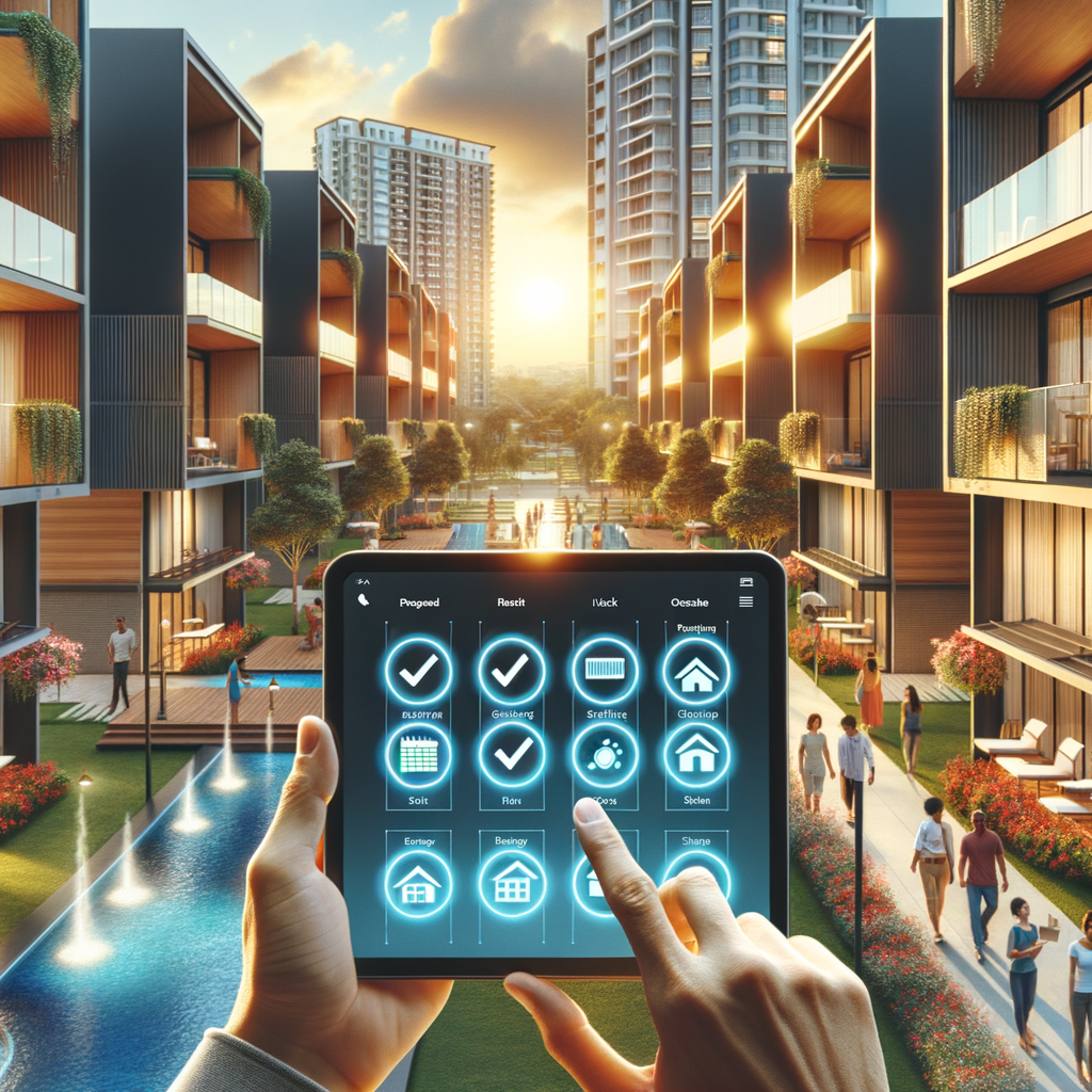 A wide-angle view of a modern residential condominium during the golden hour, with the vibrancy of colors and the high level of detail adding a pleasing aesthetic. Situated in the mid-ground is a Caucasian property manager, gripping a tablet that reveals a floating digital schedule interface with checkboxes, calendar icons, and task progress bars. This interface portrays the dual themes of organization and technology. The background reveals a scene of community harmony with well-maintained gardens, a glistening pool, and a diverse group of residents, comprising of Hispanic, Black, Middle-Eastern, South Asian and White individuals, casually interacting on the walkways.