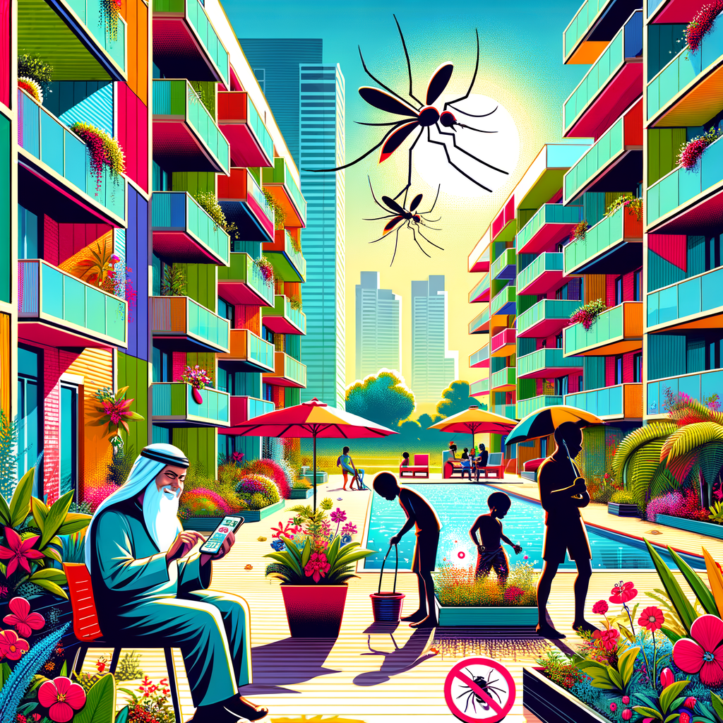 An energetic, multi-colored, vector-styled depiction of a contemporary condominium courtyard under the bright sun: in the forefront, a Middle-Eastern adult manager, using a smartphone displaying a condominium management application, scrutinizes a plant pot, while another Caucasian resident pours out water from a flower tray; silhouettes of mosquitoes with crimson 'prohibited' symbols lurk nearby. Towards the background, African and Hispanic children are enjoying a safe playtime adjacent to a sparkling, sheltered pool and lush garden beds. The balconies of the condo complex encase the scene, underlining the sense of community collaboration and the prevention of population diseases like dengue.
