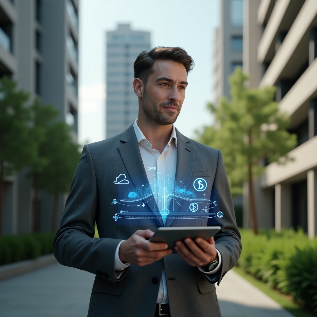 Ultra-realistic condominium manager in a charcoal gray executive suit, set in a modern luxury condominium environment with high-rise buildings and lush green landscaping, mid shot of the manager holding a tablet displaying a holographic irrigation system and cost-saving analytics, floating water droplet and dollar sign icons, confident and thoughtful expression, cinematic lighting, shallow depth of field, highly detailed textures, realistic skin, photographic realism, 8k resolution --ar 1:1 --v 6