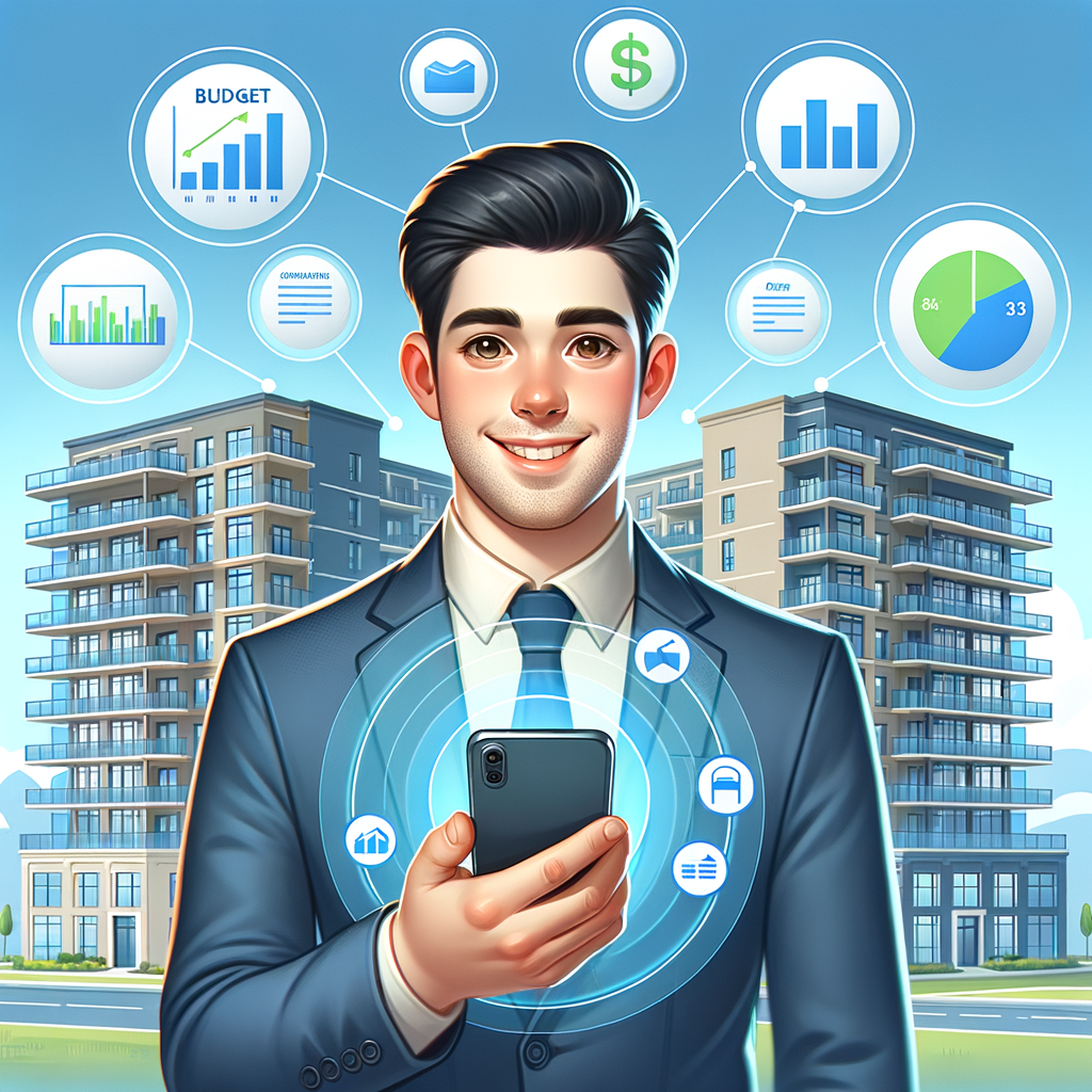 Create a vibrant, high-detail illustration featuring a cheerful Hispanic male condominium manager. He should be holding a smartphone that displays an ultra-modern condo-management app interface. In the background, there's a contemporary, multi-story condominium building with expansive glass windows. Floating around the manager, visualize semi-transparent financial charts and graphs such as bar charts and line diagrams. These symbolize budget monitoring and expenditure tracking functions. The composition should be clean, maintain bright coloration, and be lightly lit. This image should ideally be suited as a feature image for a blog.