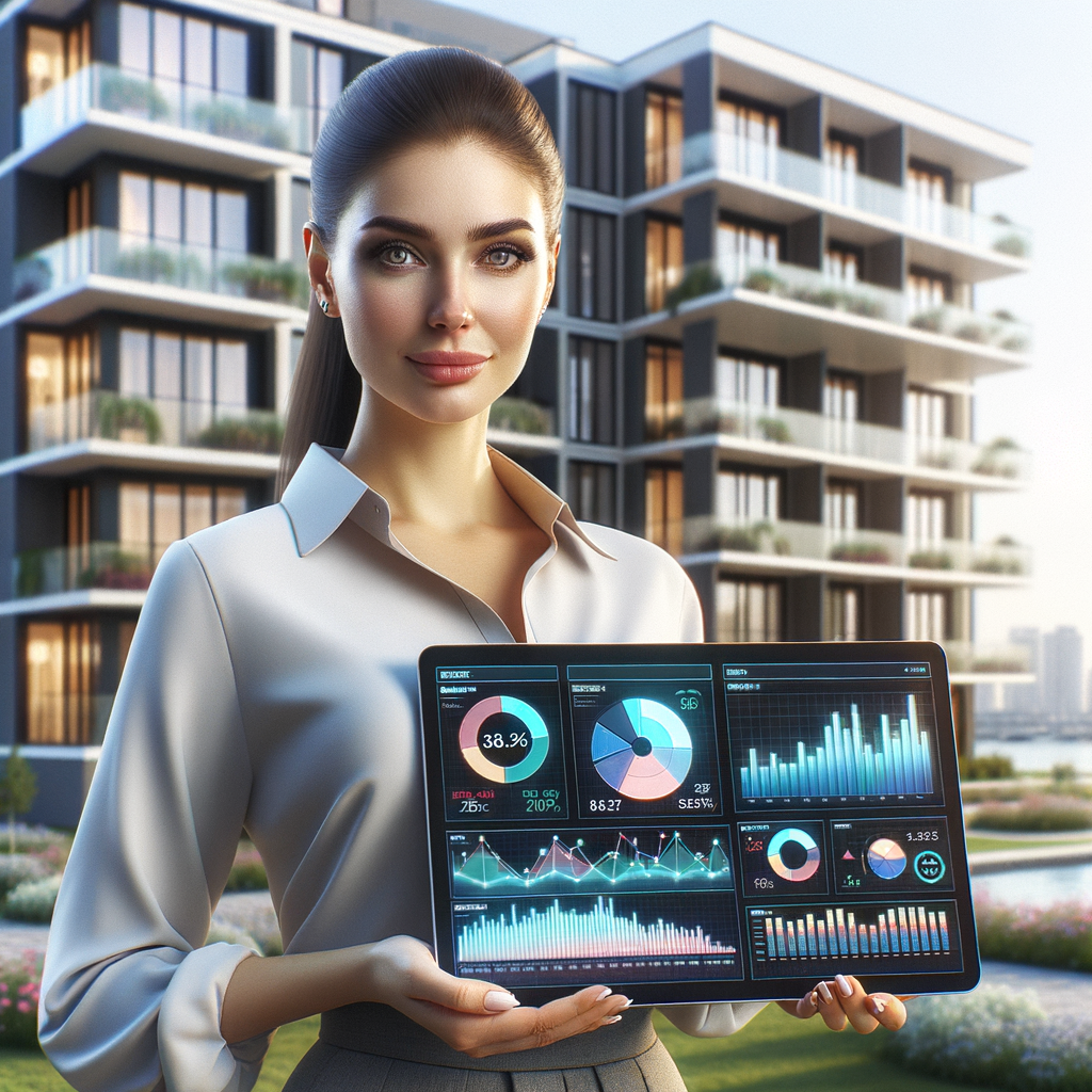 A photo-realistic scene of a confident, Middle-Eastern female condominium manager standing in front of a sleek, well-landscaped condo building at midday. She holds a slim tablet that displays vibrant, interactive financial dashboards—bar charts, pie charts and line graphs—color coded to represent ordinary and extraordinary expenses. The gentle natural light highlights the manager's professional attire and the building's clean lines, conveying efficiency, transparency, and high-tech financial control.