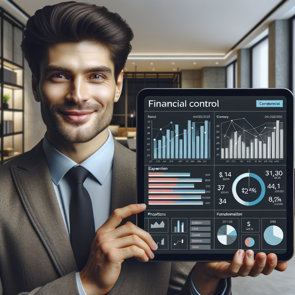 A contemporary financial control panel of a condominium displayed on a tablet screen. The interface shows an assortment of graphs and data, providing insights into the condominium's expenses. In the background, a property manager of Middle-Eastern descent and male gender is visible, sporting a warm, welcoming smile on his face. He exudes confidence even in the stillness of the image, symbolising his expertise in managing the property’s finances.