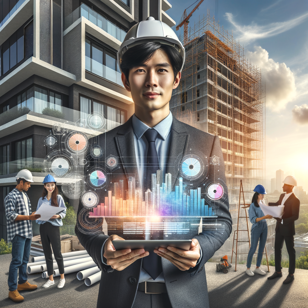 An East Asian male condominium manager stands confidently in front of a chic, under-construction apartment building. His professional allure shines as he holds a tablet displaying a myriad of colors, associated with the project's milestones and budget charts. Behind him, a construction team, consisting of a Hispanic woman, a black man, and a Caucasian woman, engaged in tasks on the scaffolding and painting. Exceptional details include blueprints and appealing digital overlays of payment schedules and progress bars, suspended subtly against the backdrop of the sky. The magnificent image basks under natural sunlight, echoing words of efficiency, transparency and successful project management.