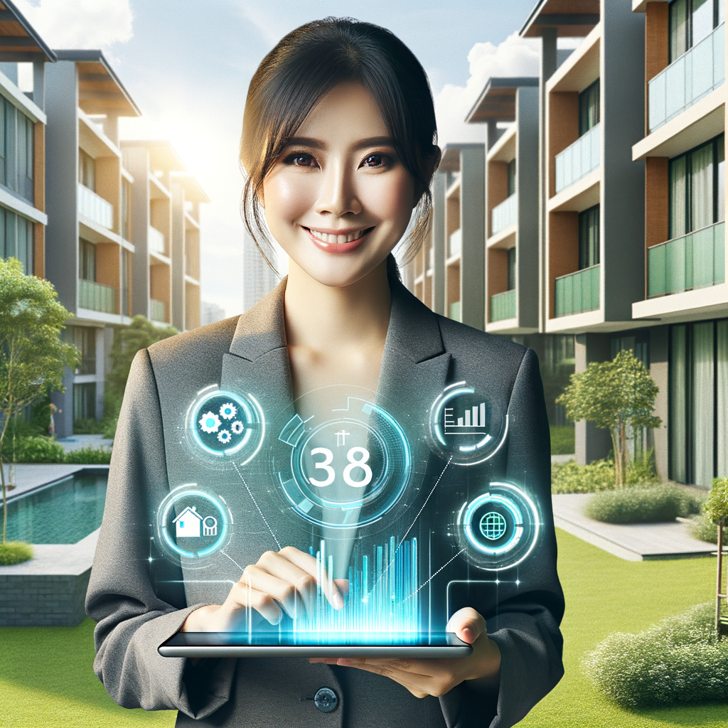 Craft a proper image of a smiling condominium manager of South Asian descent, presented in front of a contemporary residential building embraced by well-maintained green gardens. The manager is elegantly holding a polished tablet, showcasing a digital finance dashboard. Semi‐transparent icons and graphs are hovering over the tablet screen, representing organization, transparency, and efficiency. The setting is soaked in bright natural light adhering to a clean professional aesthetic. Complement the image with soft corporate blue and green accents to encapsulate the corporate atmosphere.