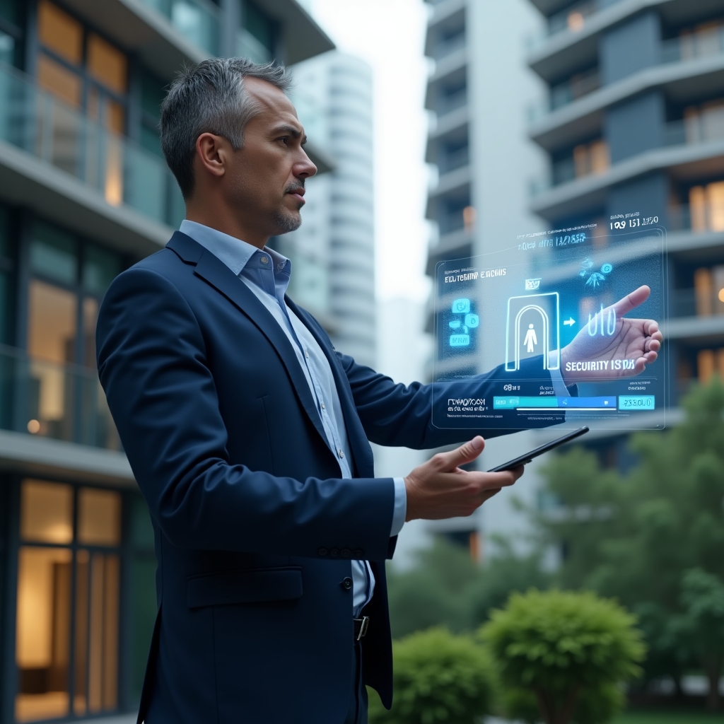 (Ultra-realistic building manager in a navy blue suit, set in a modern luxury condominium environment with high-rise buildings and green landscaping, examining a holographic interface displaying elevator energy savings and security metrics, floating elevator and lightning bolt icons as thematic visual elements, confident and focused expression, cinematic lighting, shallow depth of field, highly detailed textures, realistic skin, photographic realism, 8k resolution --ar 1:1 --v 6)