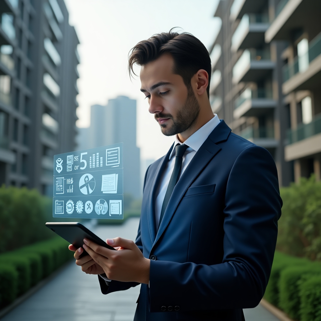 Ultra-realistic condominium manager in a tailored navy suit, set in a modern luxury condominium environment with high-rise buildings and lush green landscaping, holding a tablet projecting holographic icons of financial charts, maintenance tools, and compliance documents, confident and focused expression, cinematic lighting, shallow depth of field, highly detailed textures, realistic skin, photographic realism, 8k resolution --ar 1:1 --v 6