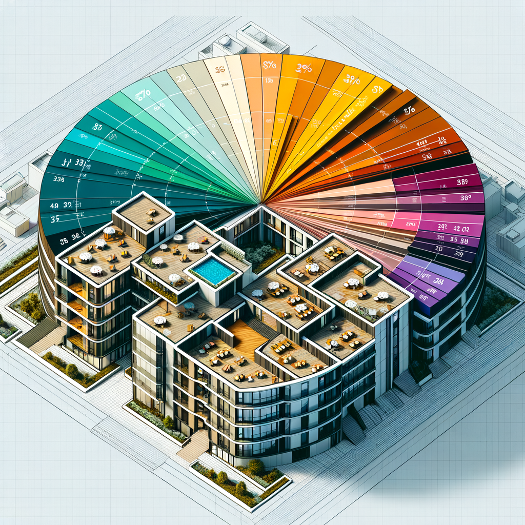 Generate a high-resolution top-down view of a modern residential building's rooftop, designed like a coloured pie-chart. The chart is composed of slices each representing an apartment's 'ideal fraction,' sized proportionally. These slices are colored in semi-transparent, vibrant hues such as teal, orange, purple, and yellow. Add clean infographic design elements, like thin white outlines and subtle numeric labels on each slice. Set the scene against a minimalist backdrop of a cityscape. The overall style should resemble a sleek, vector-inspired design, conveying a sense of clarity and modern tech appeal.