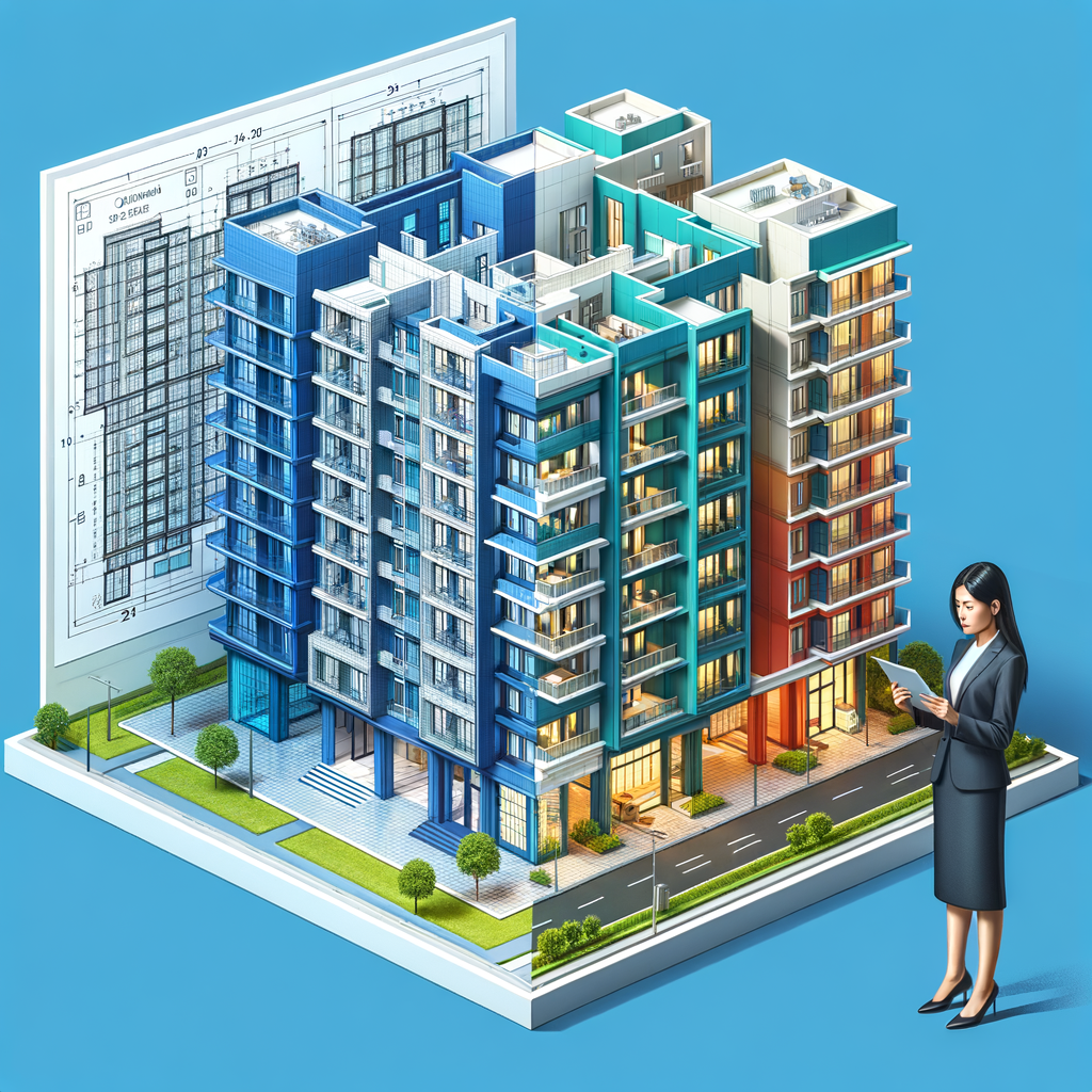 Generate a high-resolution isometric illustration of a modern condominium building, where the left half appears as blue-line architectural blueprints depicting clear unit layouts complemented by percentage labels. The right half should be a colorful façade characterized by numerous balconies and windows, aimed to reflect the real design. In the foreground, place a South Asian woman dressed in professional business attire, holding a tablet. The tablet's screen should replicate the blueprint on the left half of the building. The entire design should adhere to a clean, bright color palette in a professional editorial style.