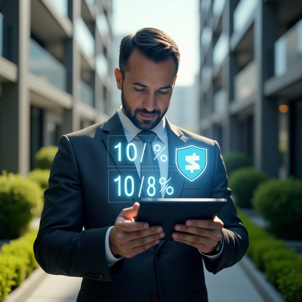 Ultra-realistic condominium manager in a dark gray executive suit, set in a modern luxury condominium environment with high-rise buildings and manicured green landscaping, examining a transparent holographic display of fractional percentages and a shield insurance icon projected above a tablet, focused and confident expression, cinematic lighting, shallow depth of field, highly detailed textures, realistic skin, photographic realism, 8k resolution --ar 1:1 --v 6