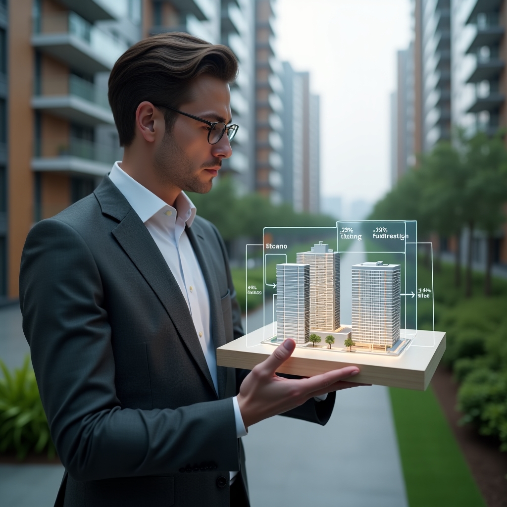 (Ultra-realistic condominium manager in a charcoal gray suit, set in a modern luxury condominium environment with high-rise buildings and manicured green landscaping, holding a holographic 3D building model with highlighted fractional sections and percentage labels, confidently analyzing the calculation of ideal fractions, cinematic lighting, shallow depth of field, highly detailed textures, realistic skin, photographic realism, 8k resolution --ar 1:1 --v 6)