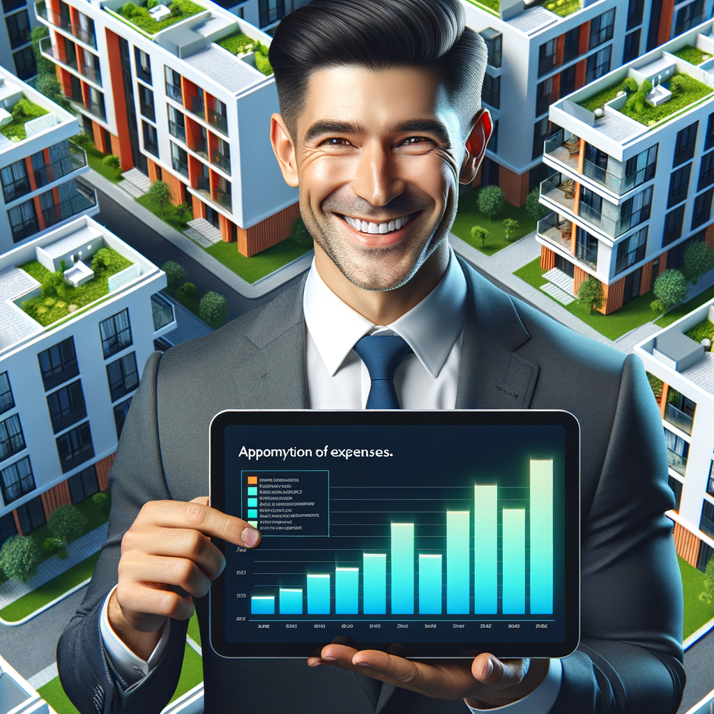 An aerial view of a modern condominium complex, with a smiling Hispanic male manager using a tablet. The tablet screen displays graphs detailing the apportionment of expenses, highlighting the ideal fraction of each unit. This scene should be brightly lit, with vibrant colors and a sleek, professional design, conveying ordered and efficient condominium management.