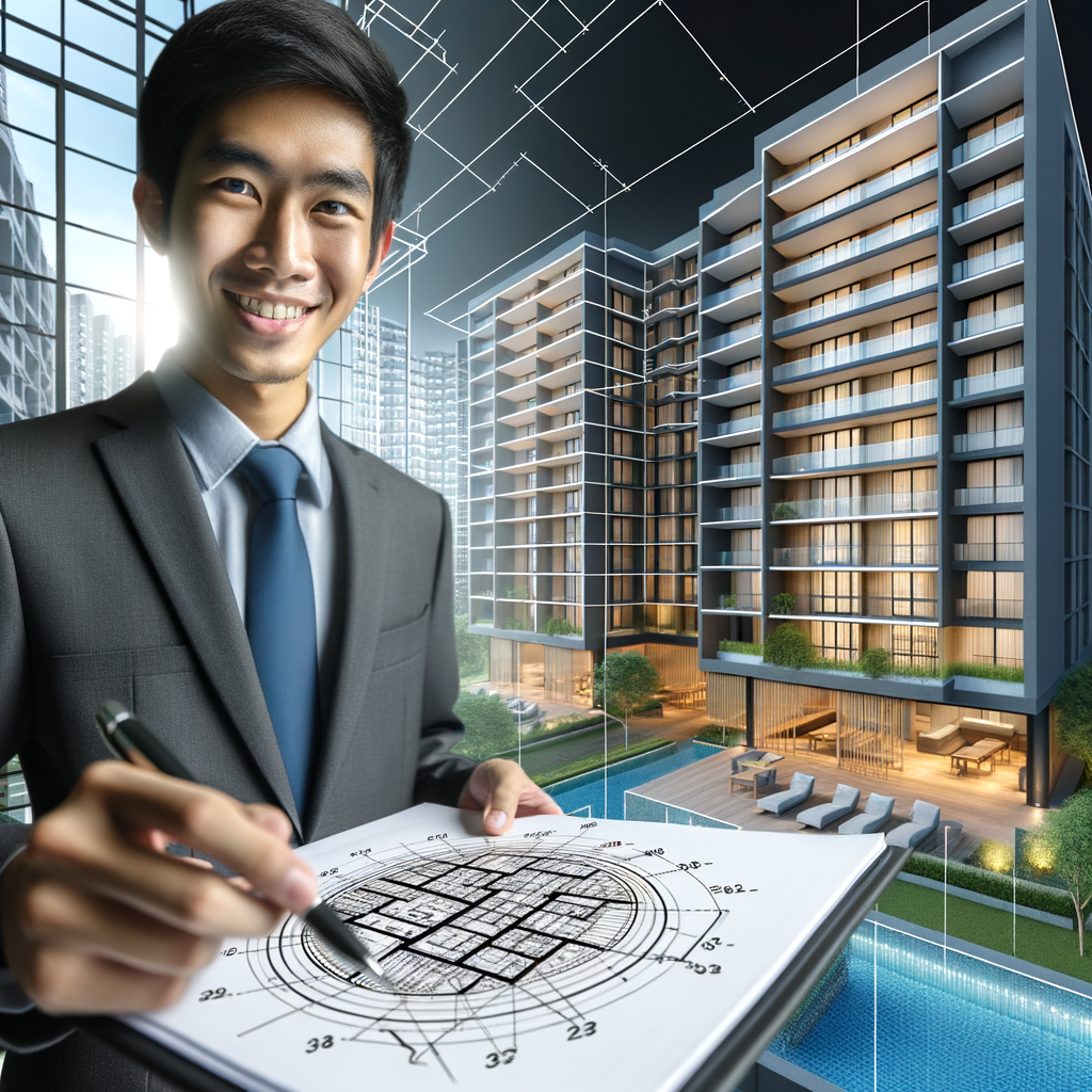 A wide-angle photograph of a modern condominium, highlighting the facade and communal areas. In the foreground, a floor plan with calculation of the ideal fraction being examined by a smiling building manager, who is a South Asian man.