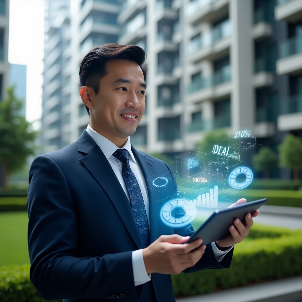 (Ultra-realistic condominium manager in a navy blue suit, set in a modern luxury condominium environment with high-rise buildings and manicured green landscaping, mid shot of the manager holding a transparent tablet displaying holographic pie charts and percentage overlays representing ideal fractions, confident expression while analyzing data, floating icons of buildings and graphs symbolizing transparent management, cinematic lighting, shallow depth of field, highly detailed textures, realistic skin, photographic realism, 8k resolution --ar 1:1 --v 6)