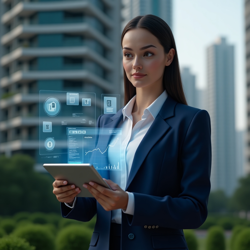 (Ultra-realistic female condominium manager in a navy blue tailored business suit, set in a modern luxury condominium environment with high-rise buildings and green landscaping, medium shot of her reviewing holographic financial dashboards on a transparent tablet, floating icons of pie charts, invoices and document symbols orbiting around her, confident and focused expression, cinematic lighting, shallow depth of field, highly detailed textures, realistic skin, photographic realism, 8k resolution --ar 1:1 --v 6)
