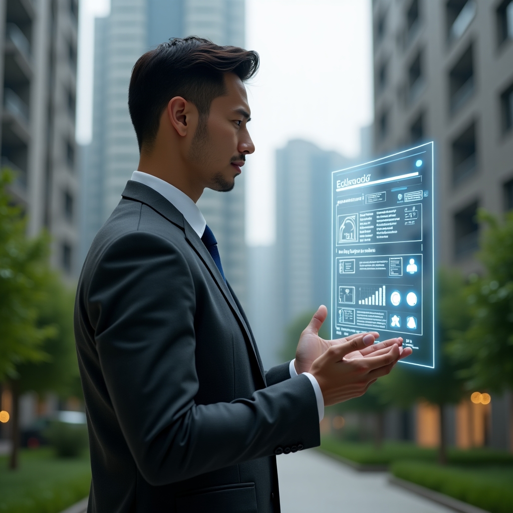 (Ultra-realistic condominium manager in a tailored charcoal gray suit, set in a modern luxury condominium environment with high-rise buildings and lush green landscaping, confidently examining a floating holographic assembly agenda and digital voting interface with glowing committee icons and charts, cinematic lighting, shallow depth of field, highly detailed textures, realistic skin, photographic realism, 8k resolution --ar 1:1 --v 6)