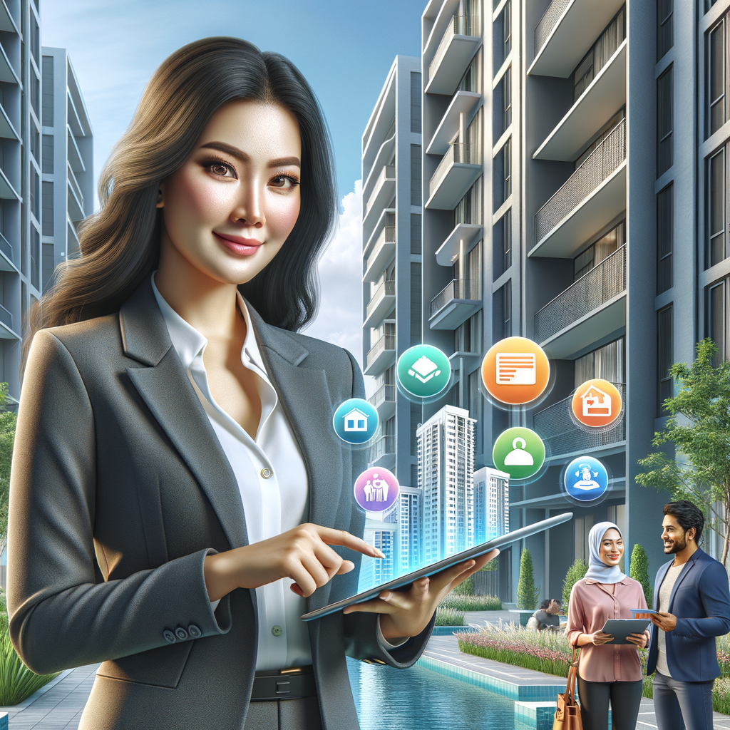 Render a high-resolution digital illustration portraying a confident condominium manager, of South Asian descent and female gender, standing in front of a sleek, modern condo building facade. She holds a tablet that showcases a vibrant management dashboard detailing icons for budgets, maintenance, communication, security. Nearby, depict a group of residents, a Middle-Eastern man and a Hispanic woman, engaged in cheerful conversation. The condo environment is filled with lush green landscapes under a clear blue sky. The scene should be depicted in a bright, semi-realistic professional style.