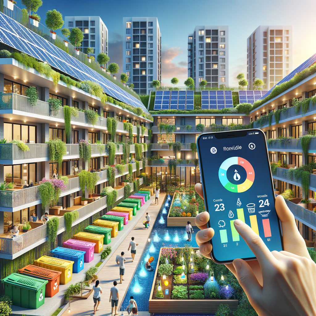 A modern condominium complex equipped with numerous solar panels on the rooftop and LED-lit walkways weaving through the property. Color-coded recycling bins are neatly placed in the courtyard, allowing each resident to conscientiously dispose of their garbage. From the apartment balconies, residents of different descents and genders are seen tending a vertical community garden, with some pouring harvested rainwater onto the thriving plants. Dominating the foreground, a hand of indeterminate descent grasps a smartphone, the screen of which is displaying vibrant water and energy usage charts from a condo management app. The scene is displayed in a photorealistic style, bathed in bright natural light and filled with vivd colors.