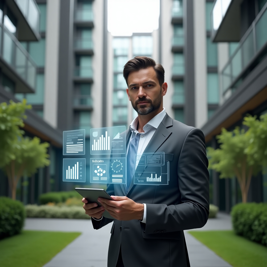 Ultra-realistic condominium manager in a charcoal grey tailored suit, set in a modern luxury condominium environment with high-rise buildings and manicured green landscaping, medium shot of the property manager holding a tablet displaying holographic financial charts and digital documents, confident and focused expression, floating icons of spreadsheets and graphs around the tablet, cinematic lighting, shallow depth of field, highly detailed textures, realistic skin, photographic realism, 8k resolution --ar 1:1 --v 6