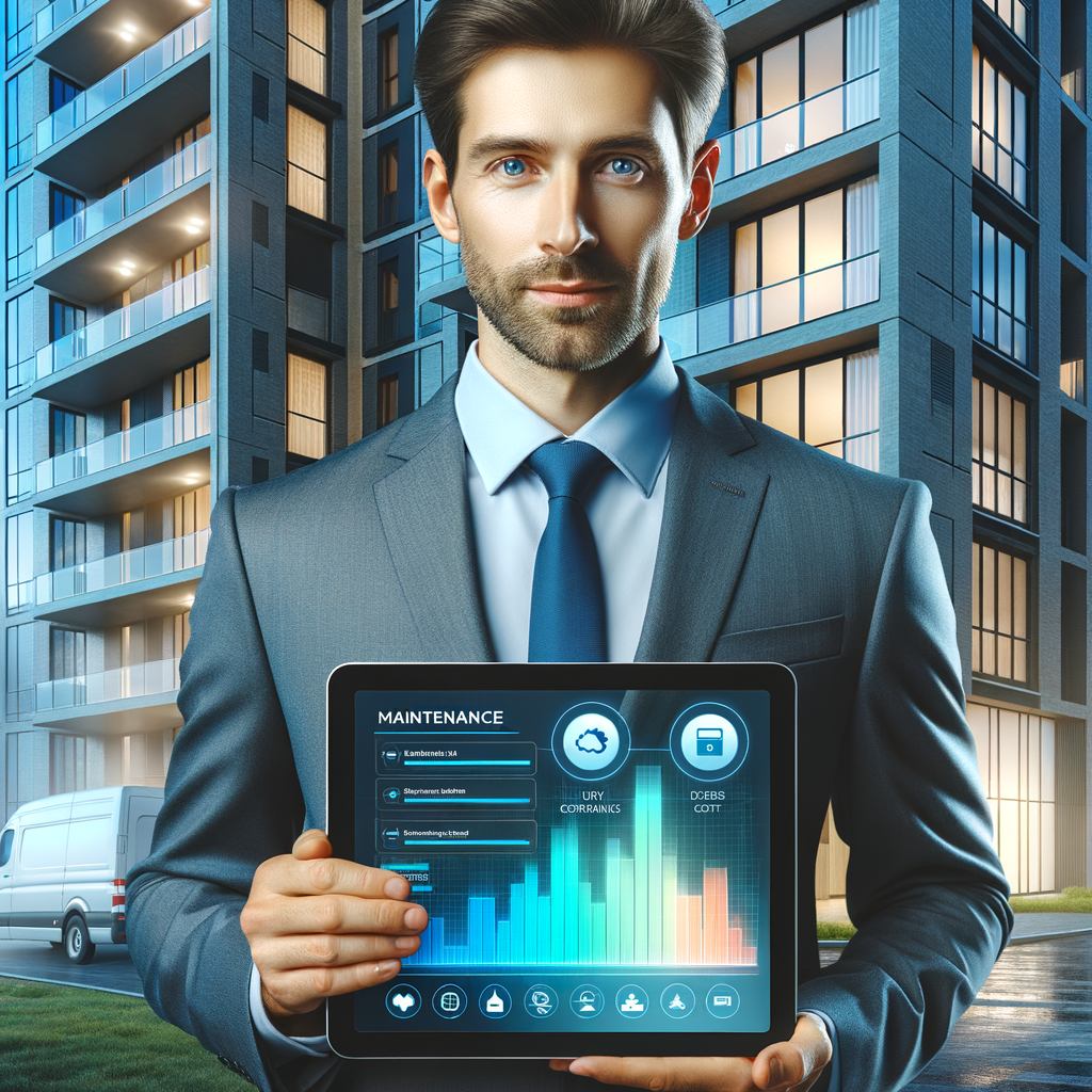A Caucasian male professional condominium manager is standing in front of a modern high-rise building. He is holding a sleek tablet that displays a maintenance app interface with scheduled tasks. There is a vibrant bar graph on the tablet's screen showing declining costs. The building in the background has subtle icons of elements such as elevators, security cameras, and piping systems. The scene is illuminated with clean, bright, and realistic lighting, creating a sense of a high-tech, trustworthy atmosphere.
