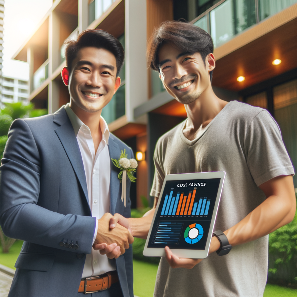 A South Asian professional condominium manager in smart casual attire smiling and shaking hands with a Caucasian service provider in front of a modern residential building. The manager, holding a sleek tablet displaying colorful bar and line graphs labeled 'Cost Savings', is also wearing a contented smile. There's warm natural lighting illuminating the scene, subtle greenery that adds a refreshing vibe around, and a small, discreet logo of an app named 'Seu Condomínio' located in the bottom corner.