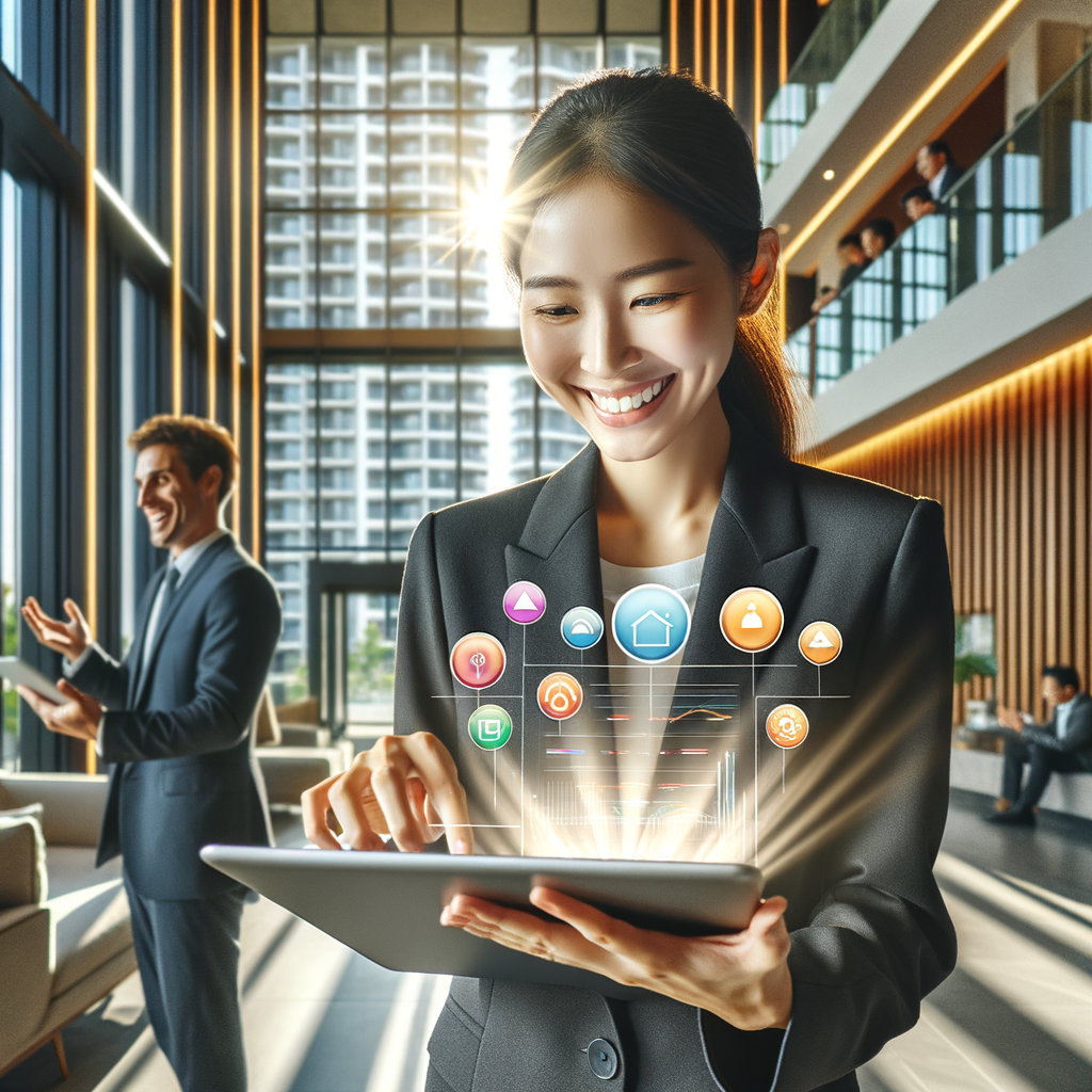 An efficient South Asian female condominium manager is beaming at a state-of-the-art tablet in her hands displaying a vibrant Gantt chart overlay, assorted app alerts, and an assortment of maintenance symbols. The tablet gleans brightly under the beams of sunlight that cascade from the expansive windows of the stylish, sunlit lobby she stands in. In the backdrop, the well-maintained façade of the modern building tower over everything, seamlessly blending into the sleek metallic and glass theme of the lobby. Two delighted Caucasian male residents are engrossed in a friendly chat by the entrance, warmed by the natural soft lighting and the crisp, contemporary ambiance of the building's common area.