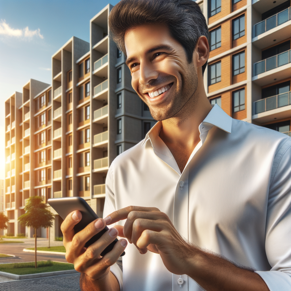 A smiling condominium manager of Hispanic descent is using an application on his smartphone, positioned in front of a well-maintained, modern condominium building. The morning sun illuminates the scene, casting a warm and inviting light. The coloring should be vibrant and cheerful, aiming to convey feelings of efficiency and well-being in the management of the condominium. Composition should deliver a sense of an efficient, tech savvy, and delight-filled environment.
