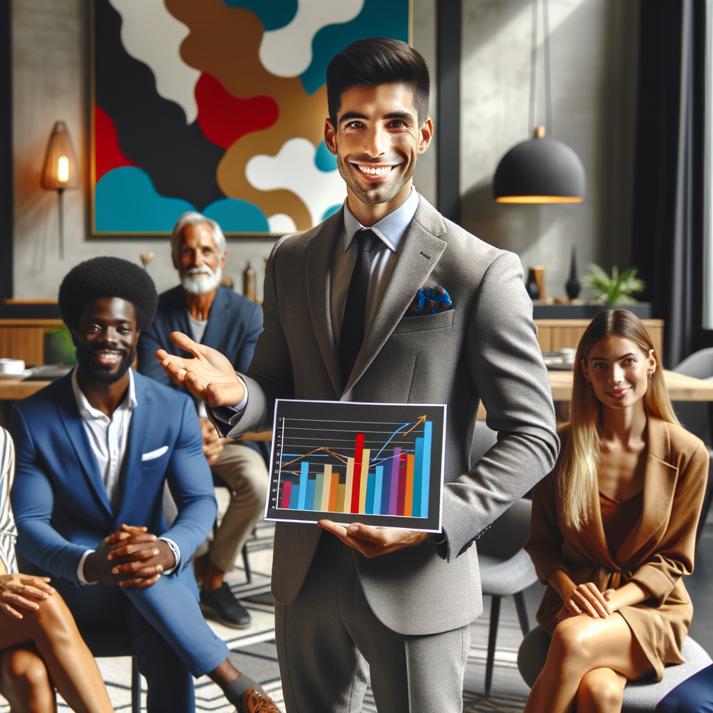 A Hispanic male building manager, wearing a smart suit, smiling and proudly presenting a vibrant colored graph during a condominium assembly. The residents, comprising a diverse range of individuals such as a Caucasian female, a Black male, Middle-Eastern and South Asian individuals, appear attentive and satisfied. The setting exudes modern vibes, with a mix of cool and warm tones giving it a liveliness. The walls are adorned with tasteful abstract art, while sleek contemporary furniture adds to the appeal.