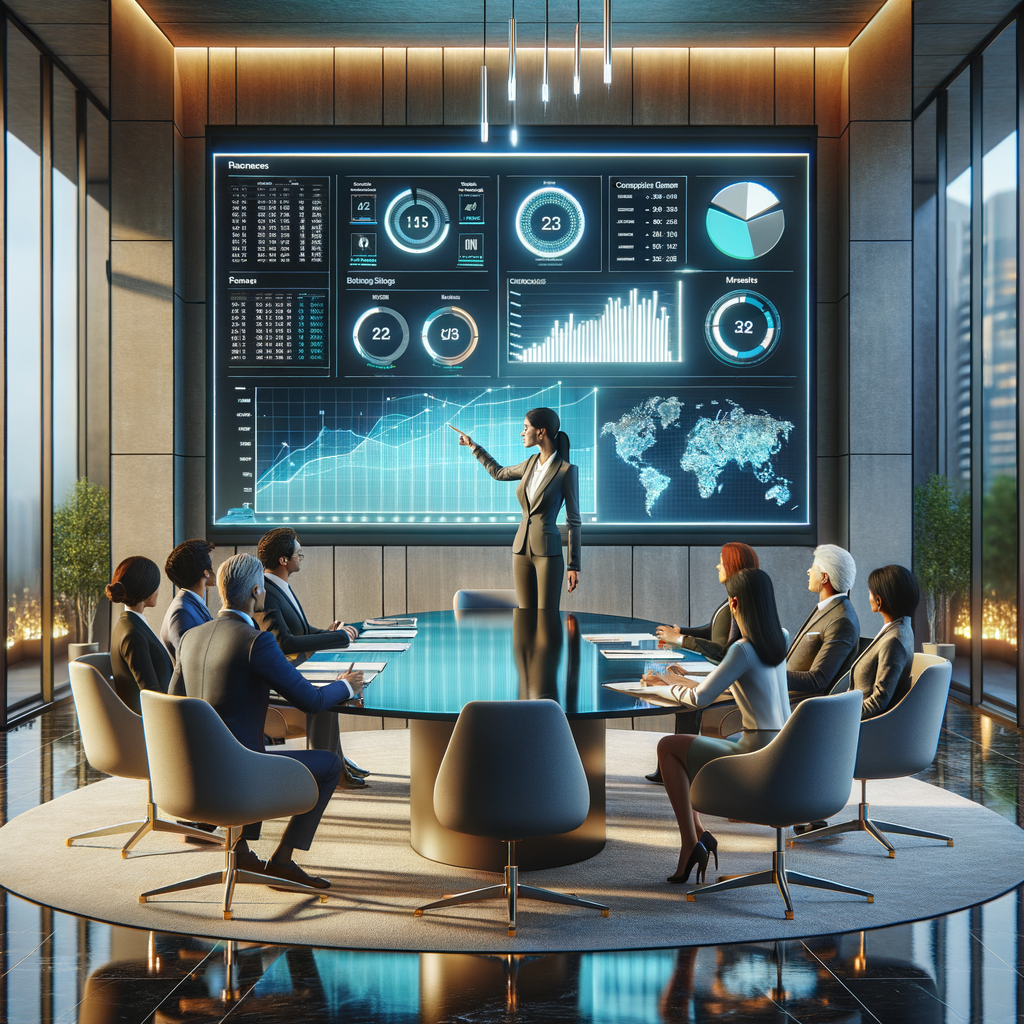 A luminous, contemporary condominium conference room is encased in glass walls and filled with warm ambient lighting. A smartly attired property manager, a Caucasian female, stands assertively at the head of an ultra-modern glossy conference table. She actively points towards a large, high-definition digital screen which hosts a vivid display of various financial charts, robust bar graphs, and a comprehensive budget report. Seated around the table are residents of differing descents: a Hispanic man, a Black woman, a Middle-Eastern man, and a South Asian woman. All are attentive, notebooks open, expressions emitting a sense of trust and collaborative spirit. The image should be rendered in a photorealistic style, with high attention to detail, imparting an overall ambience of professionalism.