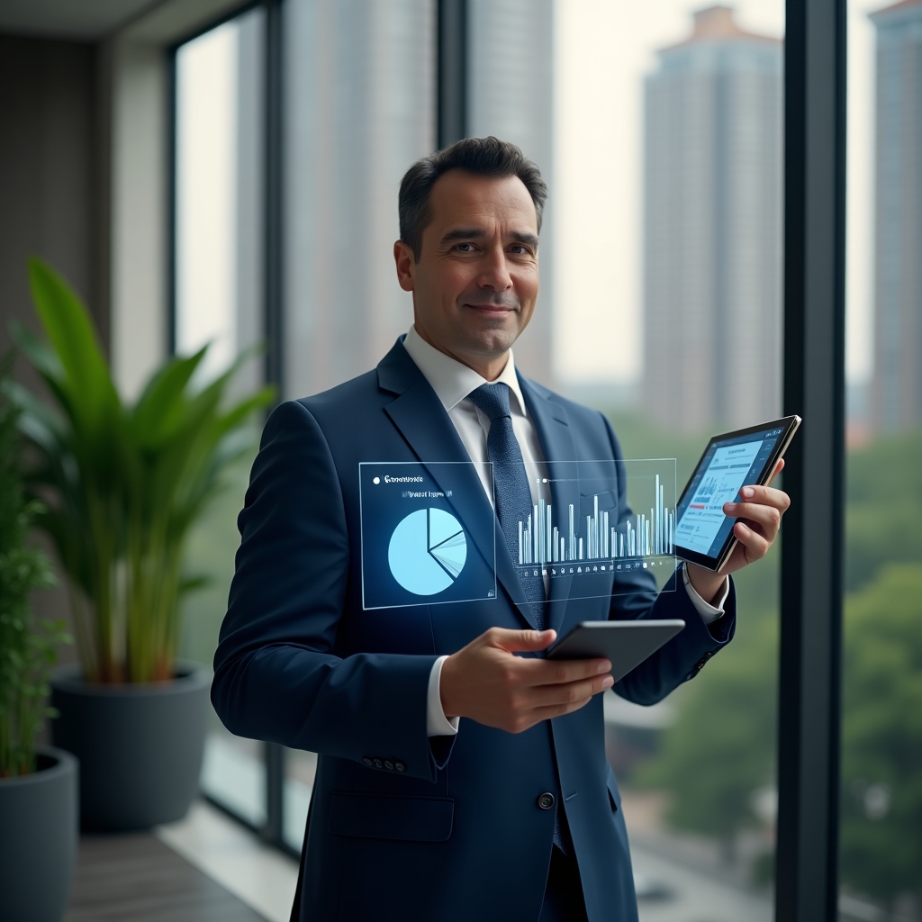 (Ultra-realistic condominium manager in a navy executive suit, set in a modern luxury condominium environment with high-rise buildings and lush green landscaping, presenting a tablet displaying holographic financial charts and pie graphs related to condominium accounting, confident and engaged expression, cinematic lighting, shallow depth of field, highly detailed textures, realistic skin, photographic realism, 8k resolution --ar 1:1 --v 6)